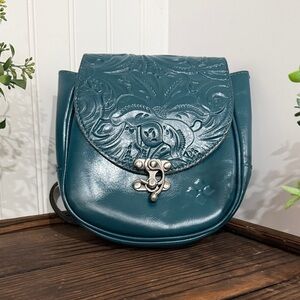 Patricia Nash Rocco Tooled Saddle Teal Embossed Leather Crossbody Bag
